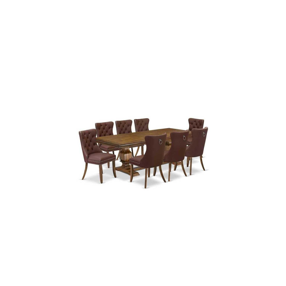 9 Piece Mid Century Dining Table Set with 8 Burgundy Faux Leather Chairs K615