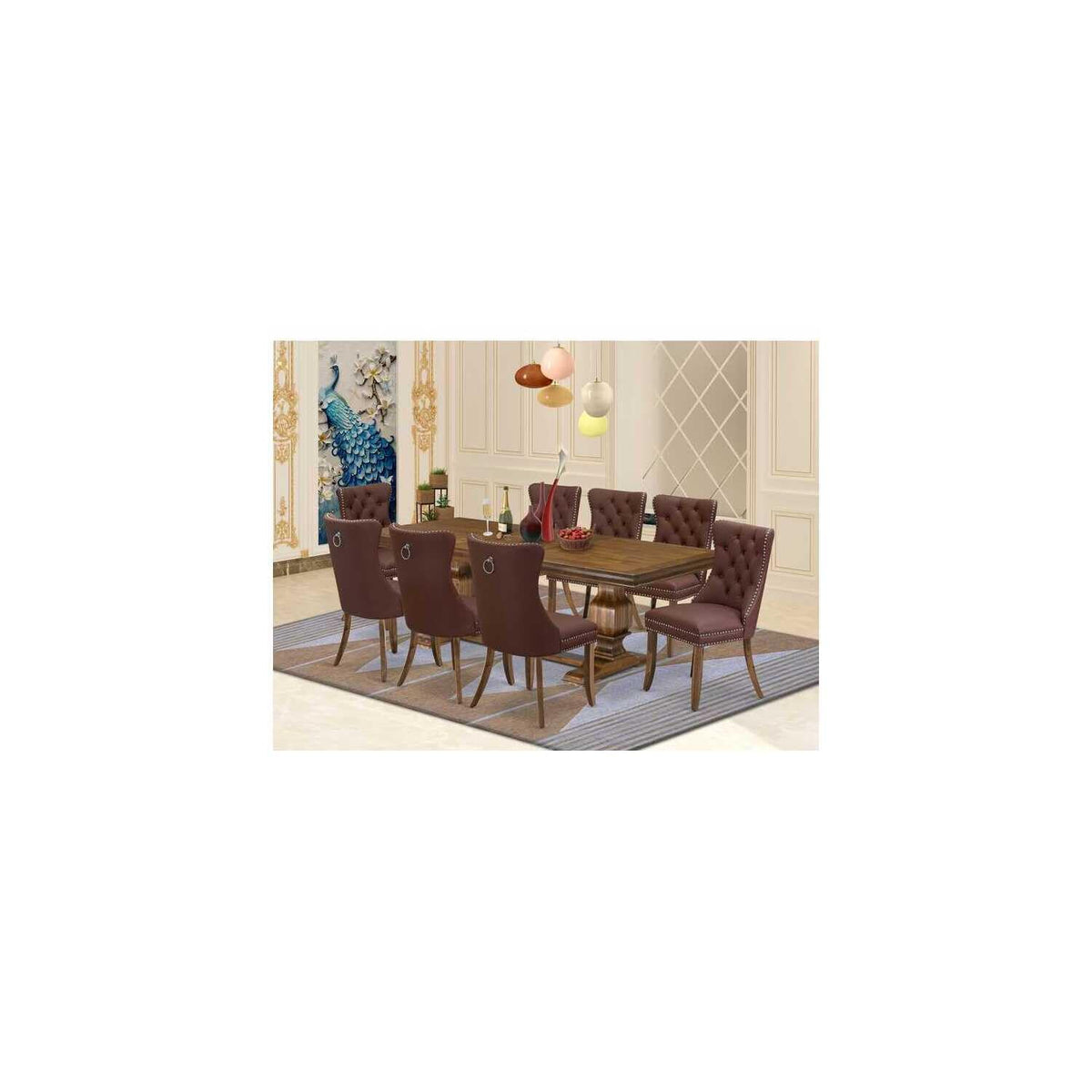 9 Piece Mid Century Dining Table Set with 8 Burgundy Faux Leather Chairs K615