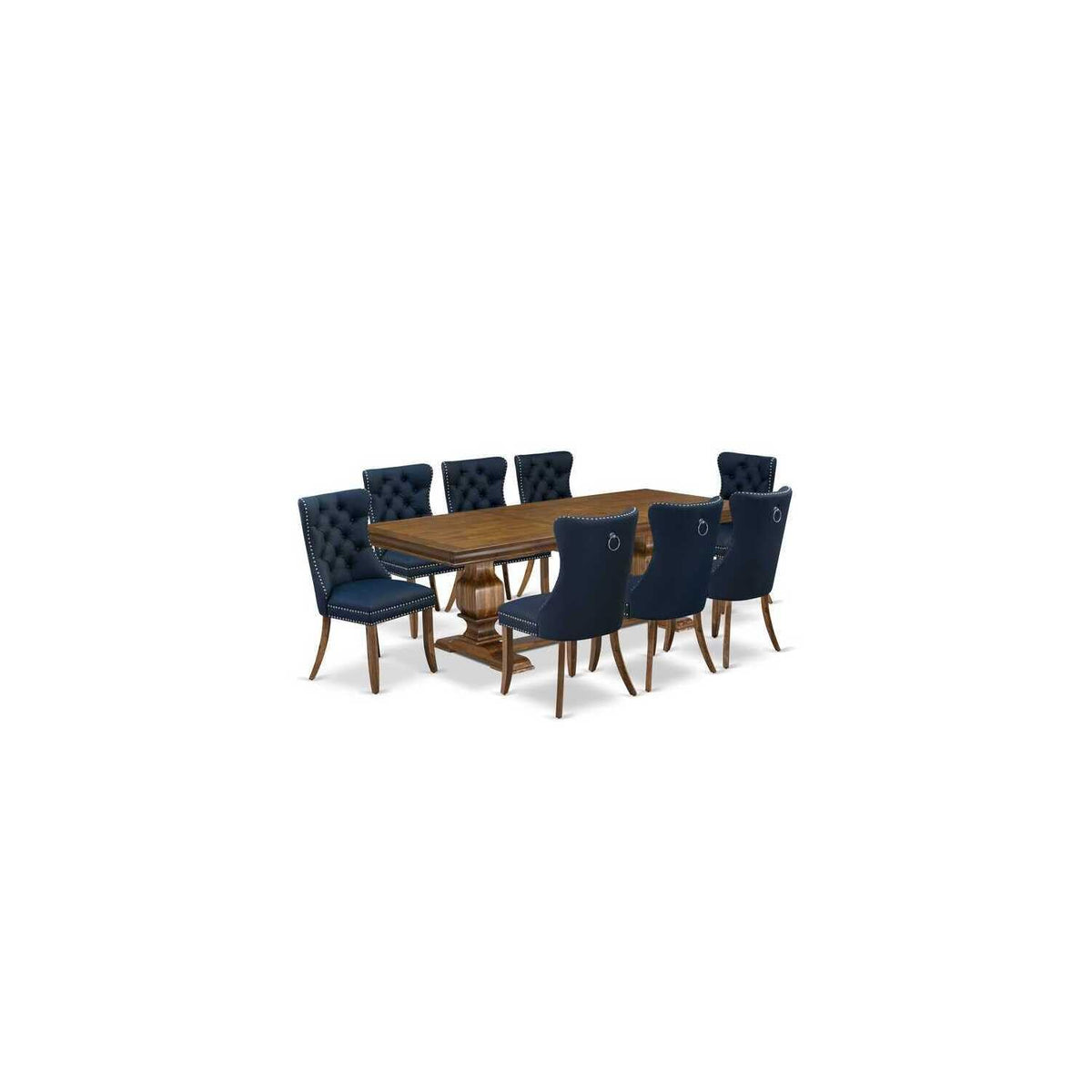 9 Pieces Dining Table Set with 8 Navy Blue Faux Leather Chairs Y582