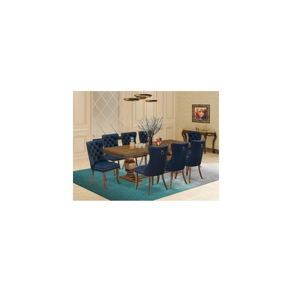 9 Pieces Dining Table Set with 8 Navy Blue Faux Leather Chairs Y582
