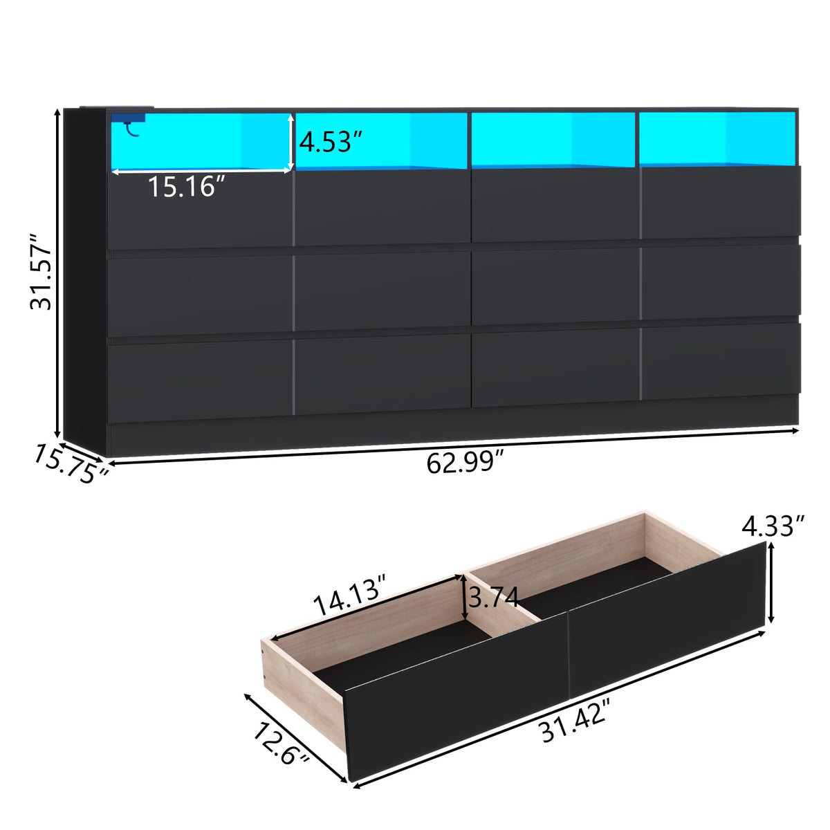 Black 12-Cell Divided Drawers Dresser with Charging Station K34416
