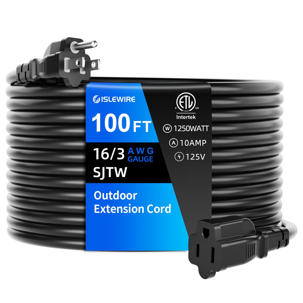 100 FT Waterproof Black 16 AWG Extension Cord Y88151