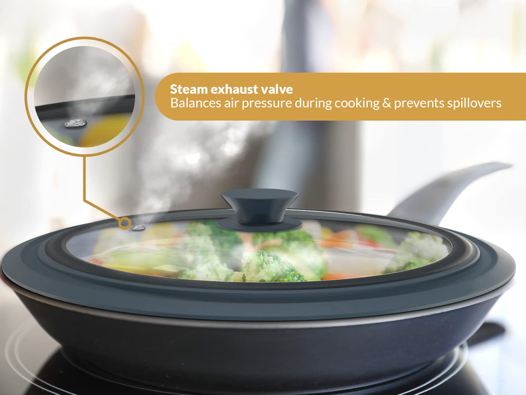 Universal Lids for Pots, Pans & Skillets 2set Frying Pan Cover Fits 7", 8" 9" & 10", 11", 12" Diameter Cookware, 2 Cotton Rags, Tempered Glass with High Heat Resistant Silicone Rim Dishwasher Safe M809307