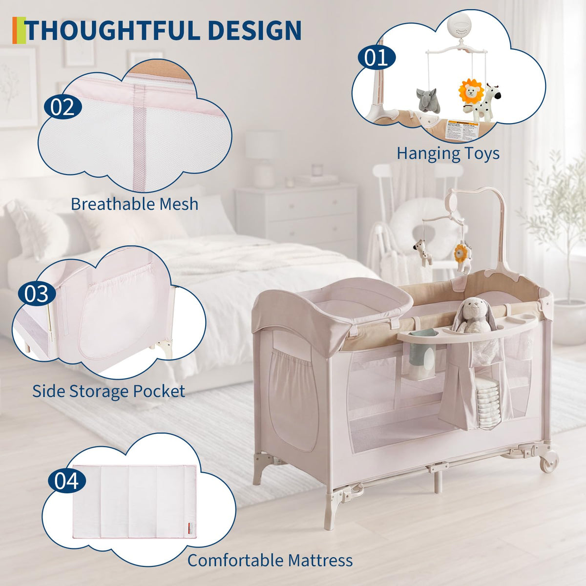 4 in 1 Pack and Play with Bassinet, Changing Table, Playpen and Carry Bag X436