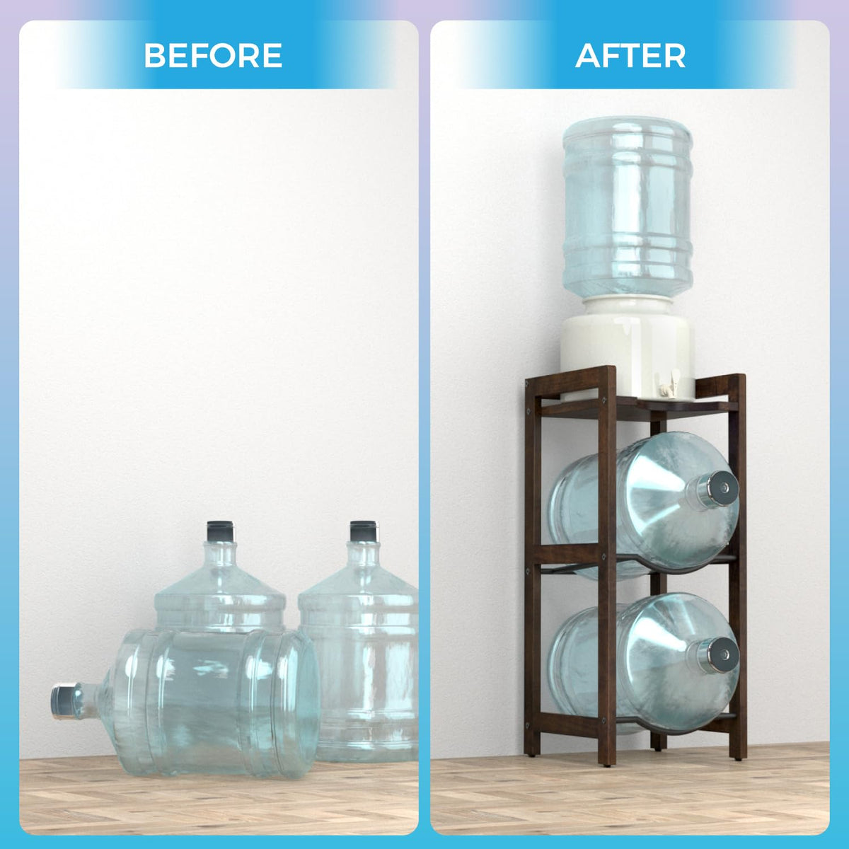5 Gallon Water Jug Holder with Top Shelves, 3-Tiers Solid Wood Water Dispenser Stand G6844