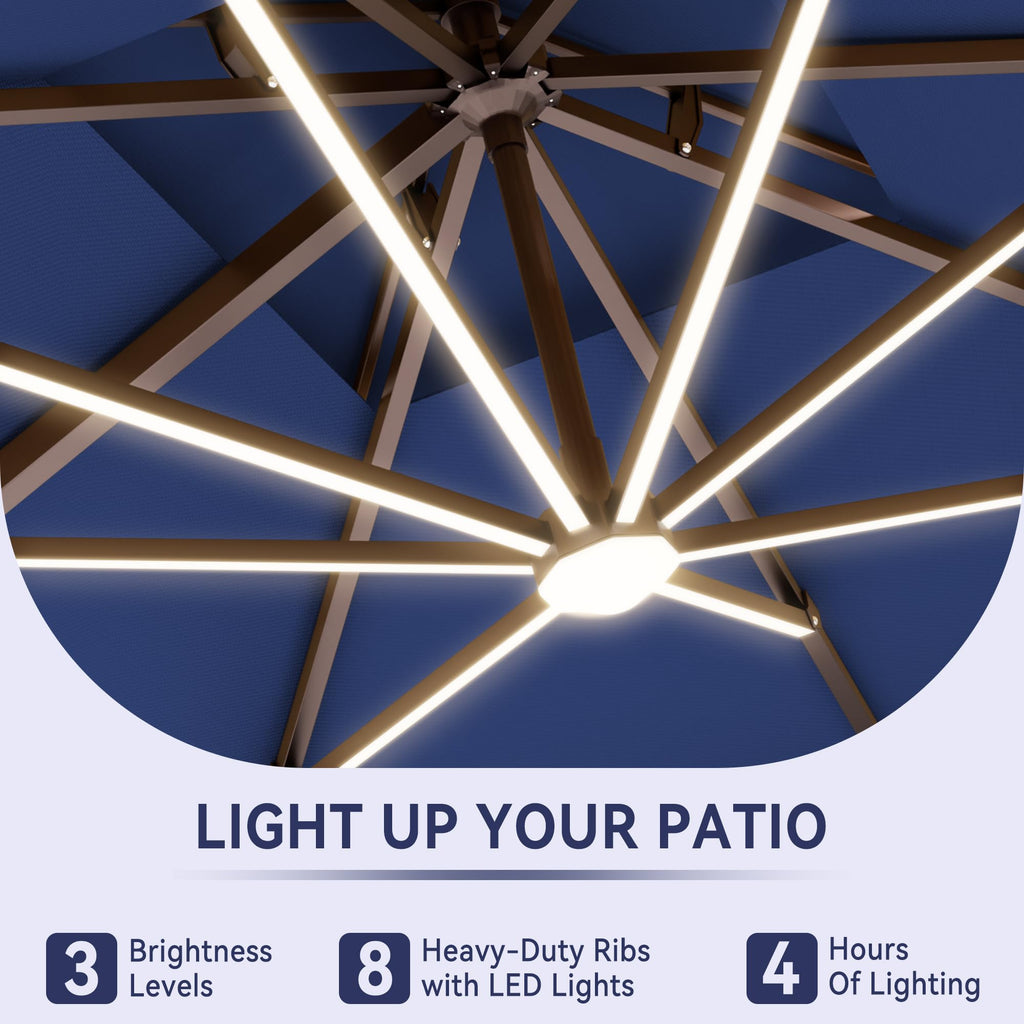 10x13FT Cantilever Patio Umbrella with LED Lights and Base O4458