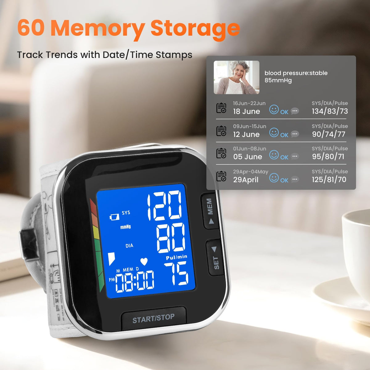 Wrist Blood Pressure Monitor with Backlit LCD B4407