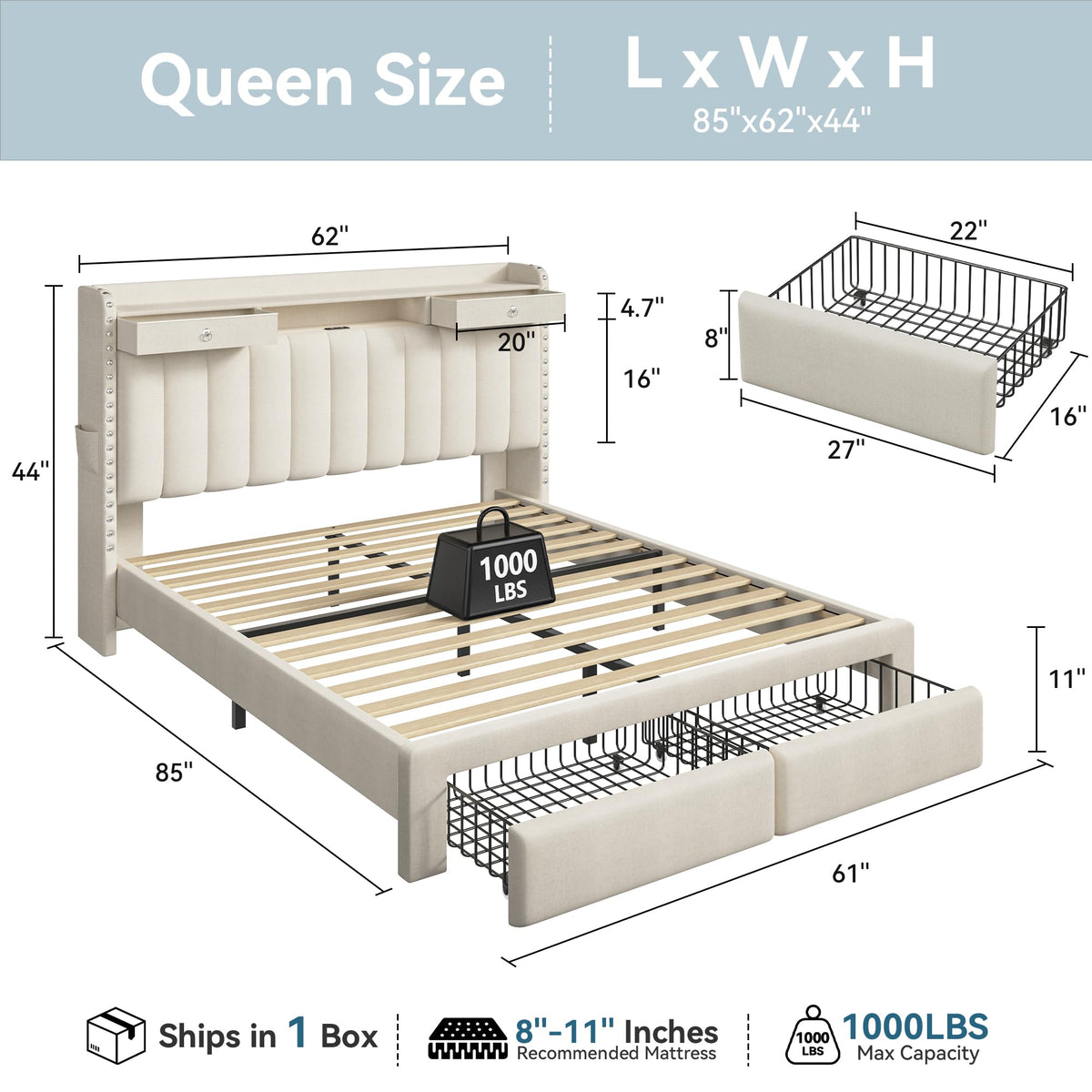 Queen Bed Frame with Storage Headboard & 4 Drawers Z5323