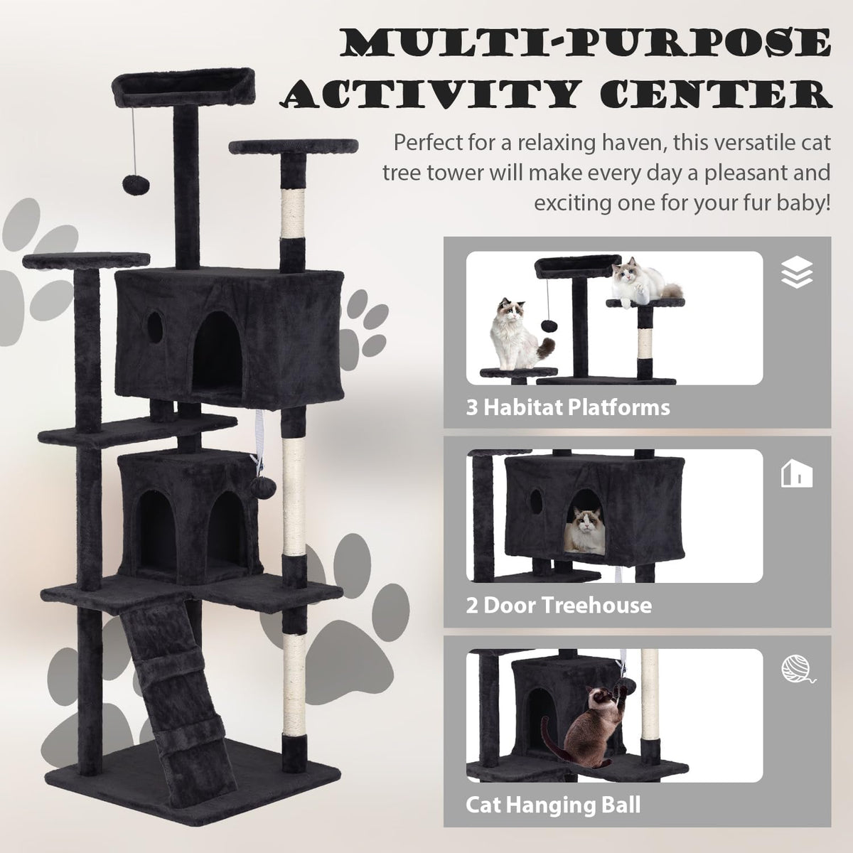70" Dark Grey Cat Tree Tower with Scratching Post and Bed V67228