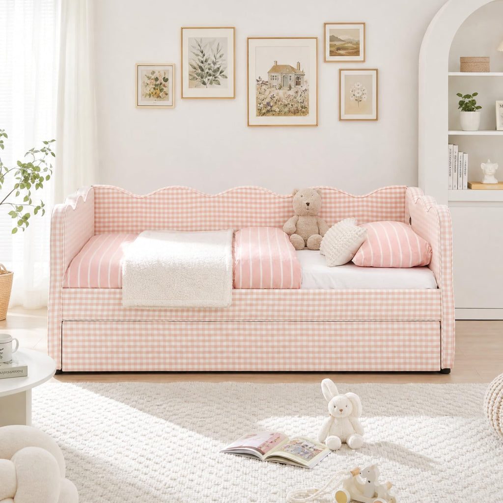 Pink Twin Size Linen Upholstered Daybed with Trundle S562717