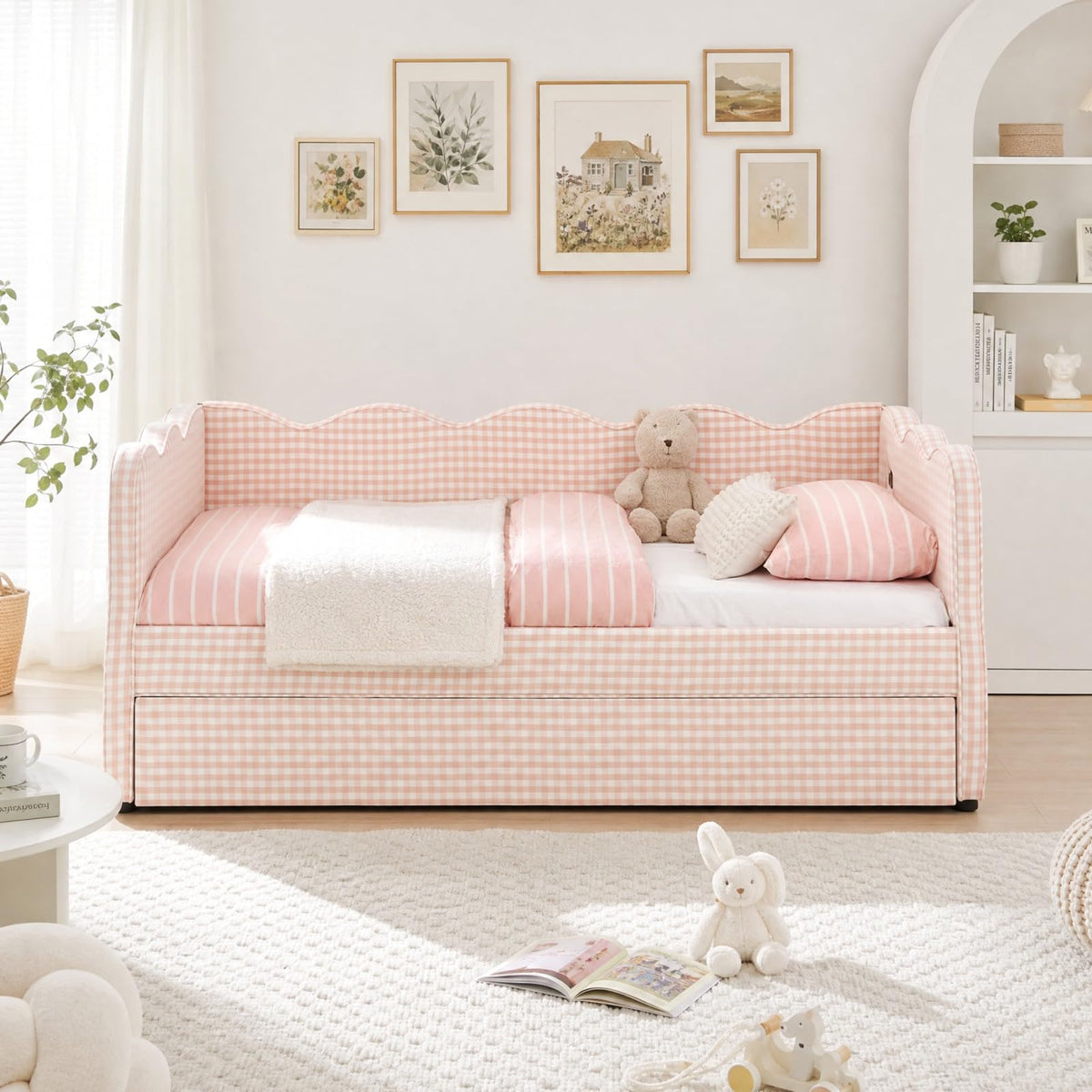 Pink Twin Size Linen Upholstered Daybed with Trundle S562717