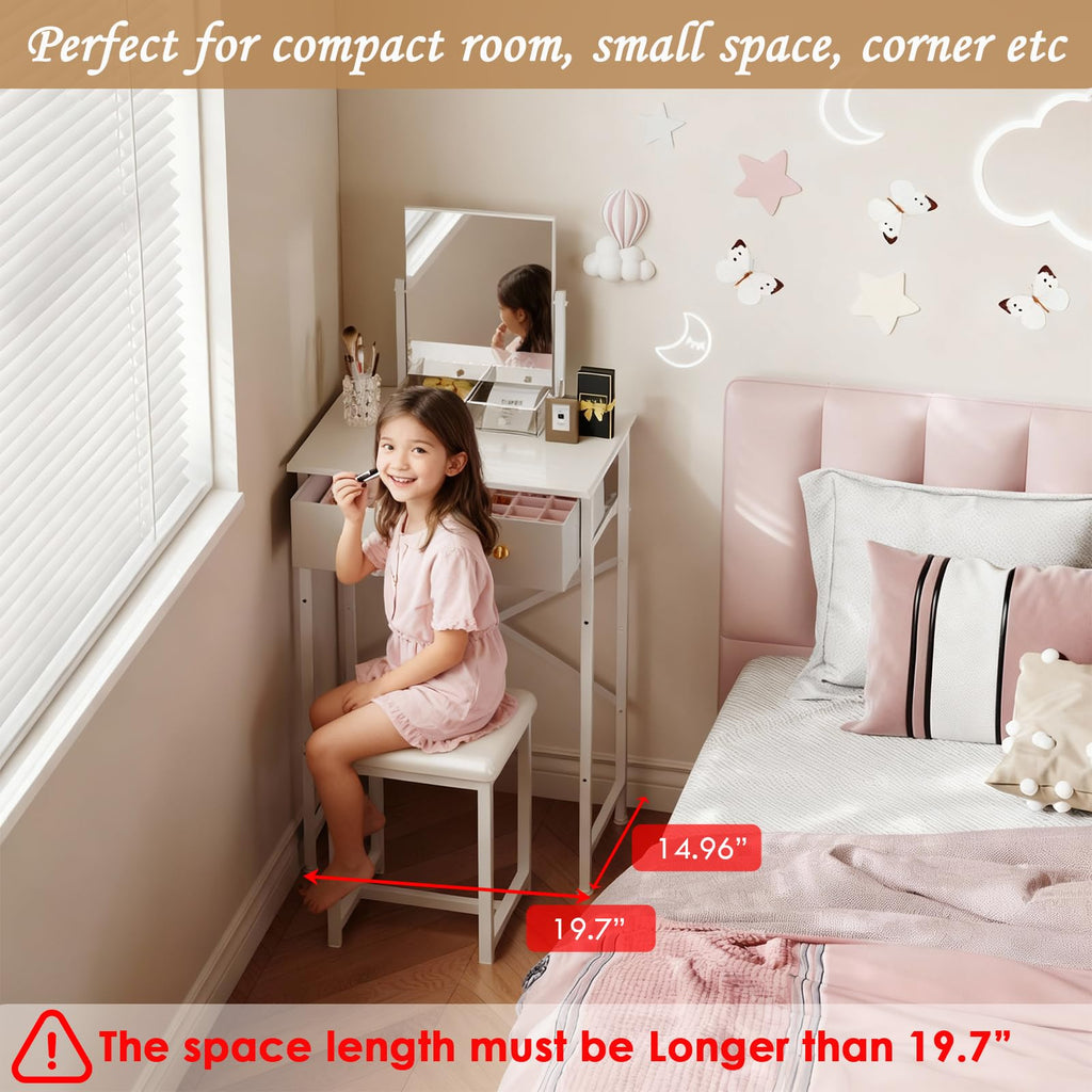 White Compact Vanity Desk with Mirror and Chair M367