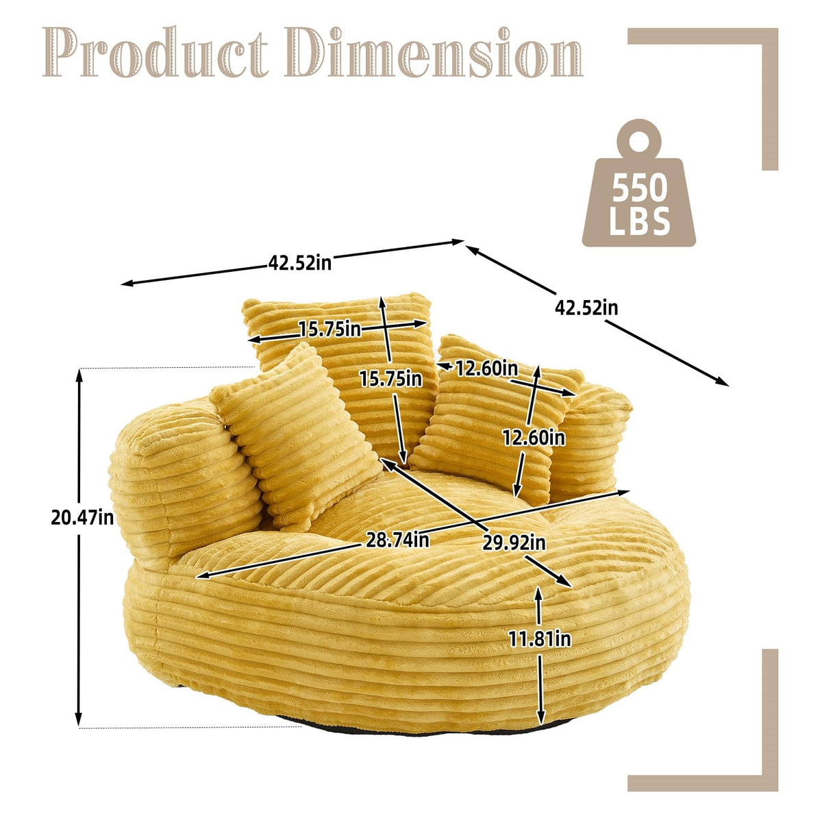 Oversized Corduroy Bean Bag Chair with 3 Pillows O364377
