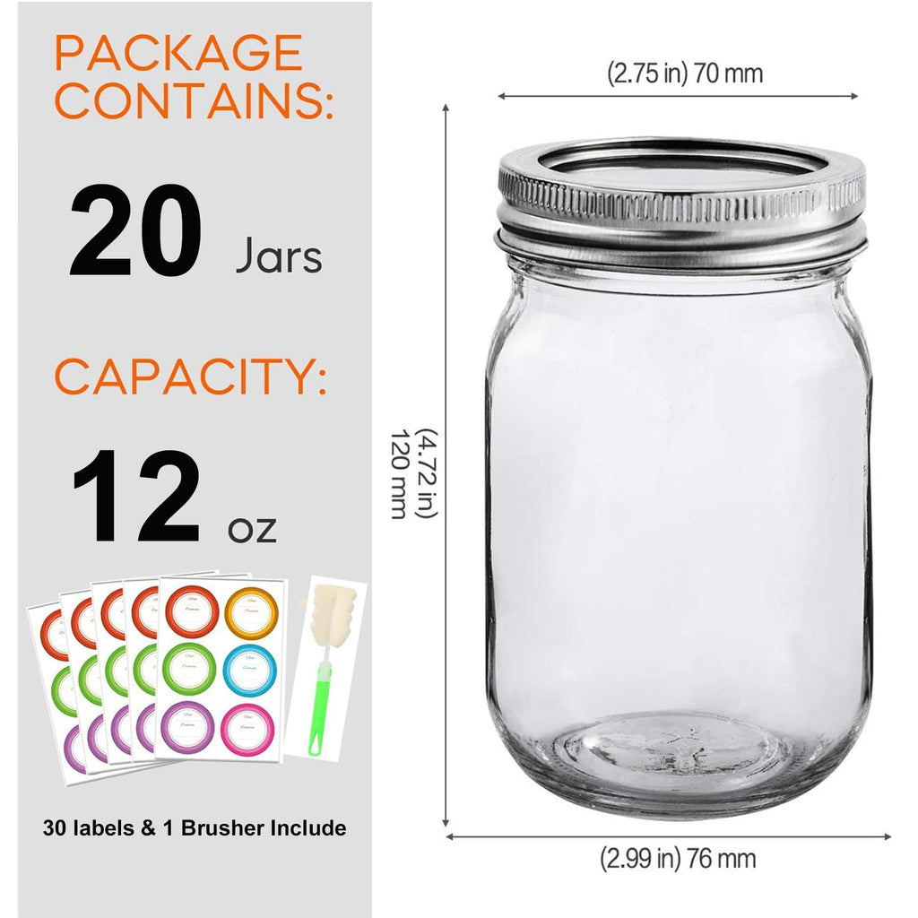 20 Pack 12oz Glass Mason Jars with Lids and Bands T4890