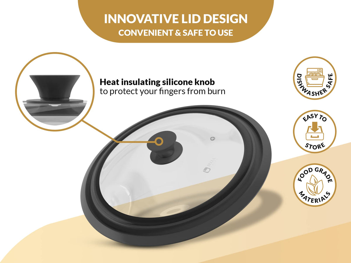 Universal Lids for Pots, Pans & Skillets 2set Frying Pan Cover Fits 7", 8" 9" & 10", 11", 12" Diameter Cookware, 2 Cotton Rags, Tempered Glass with High Heat Resistant Silicone Rim Dishwasher Safe M809307