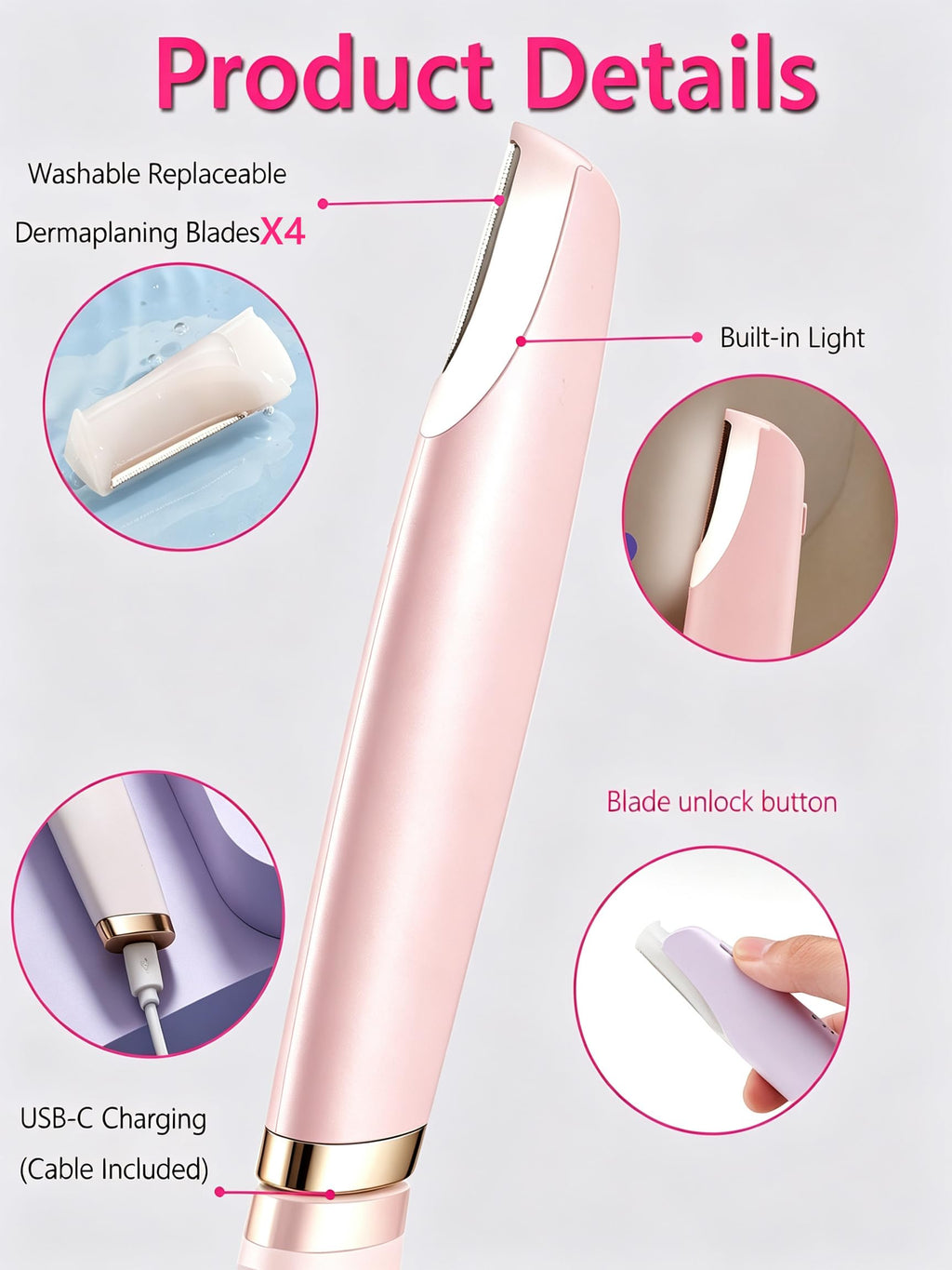 Pink Dermaplane Razor with LED Light and 4 Replacement Blades F74803