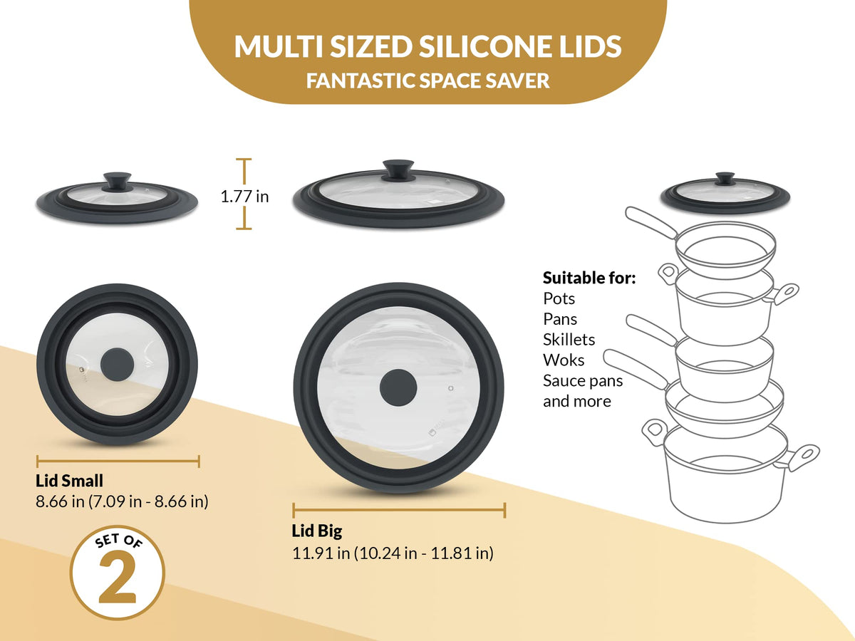 Universal Lids for Pots, Pans & Skillets 2set Frying Pan Cover Fits 7", 8" 9" & 10", 11", 12" Diameter Cookware, 2 Cotton Rags, Tempered Glass with High Heat Resistant Silicone Rim Dishwasher Safe M809307