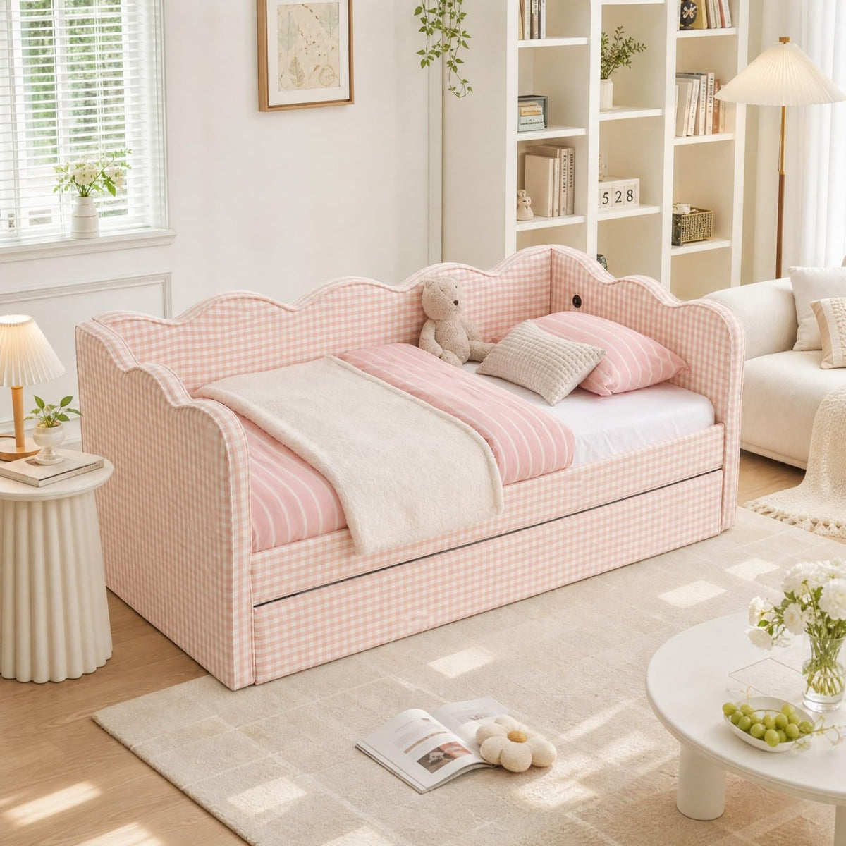 Pink Twin Size Linen Upholstered Daybed with Trundle S562717
