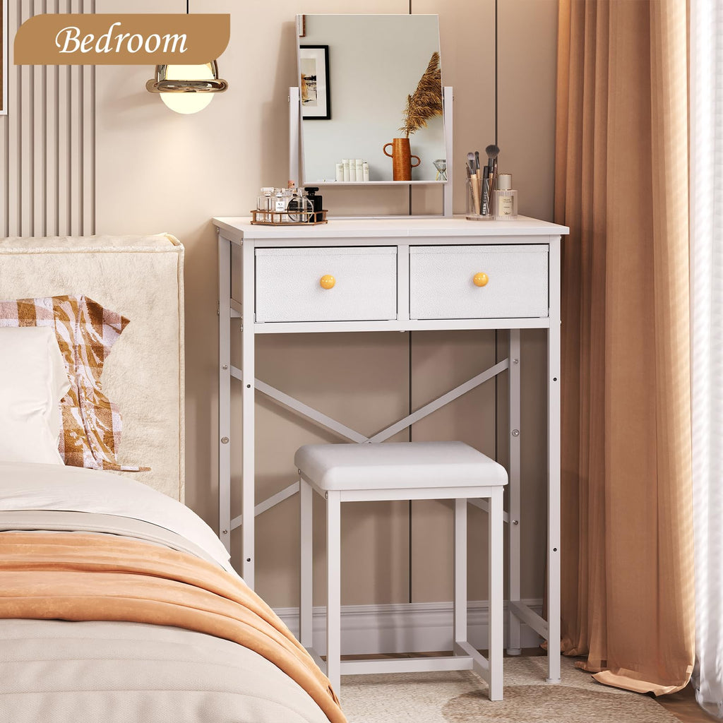 White Compact Vanity Desk with Mirror and Chair M367