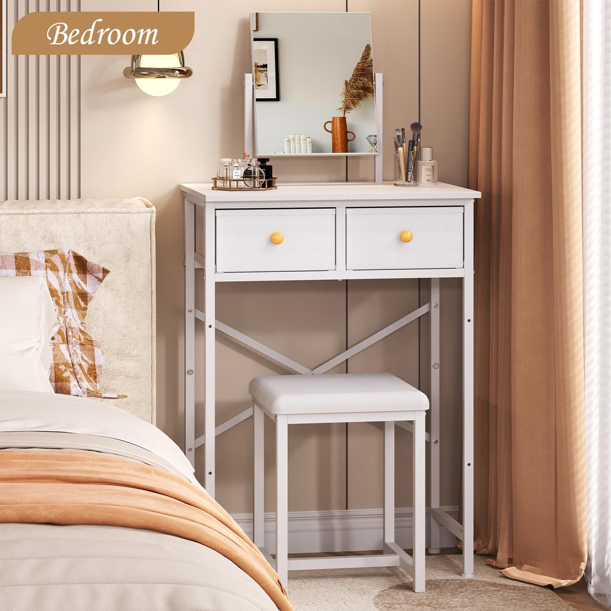 White Compact Vanity Desk with Mirror and Chair M367