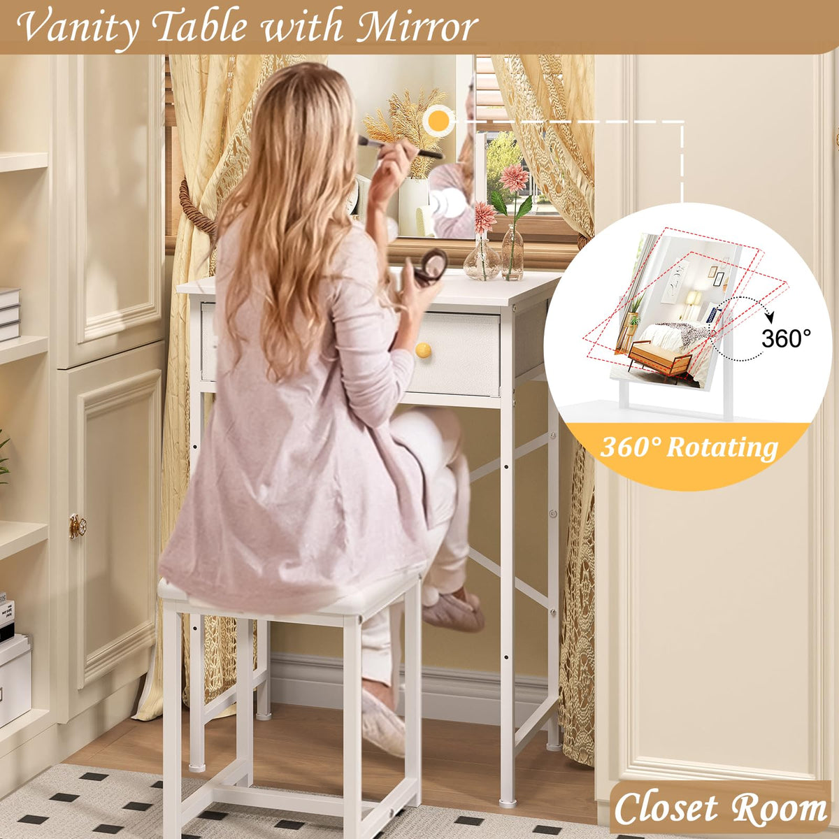 White Compact Vanity Desk with Mirror and Chair M367