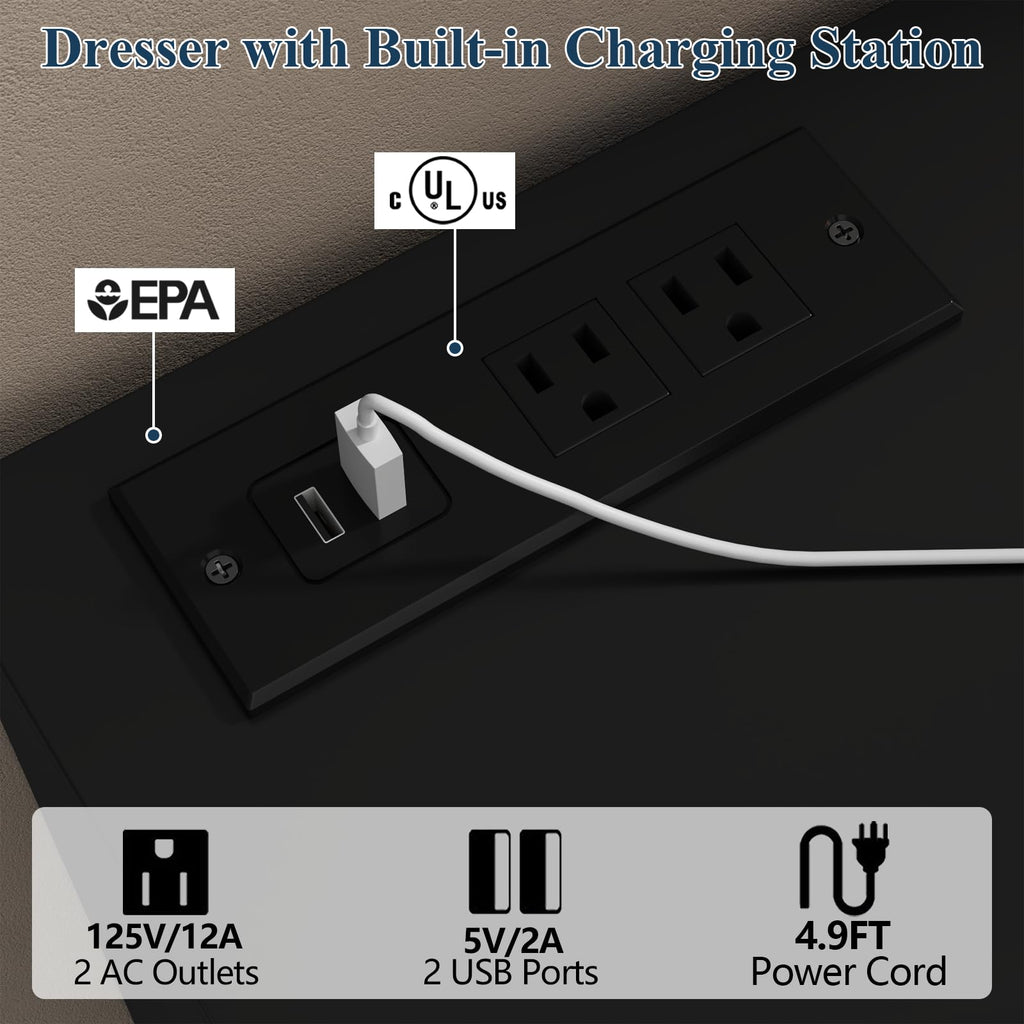 Black 12-Cell Divided Drawers Dresser with Charging Station K34416