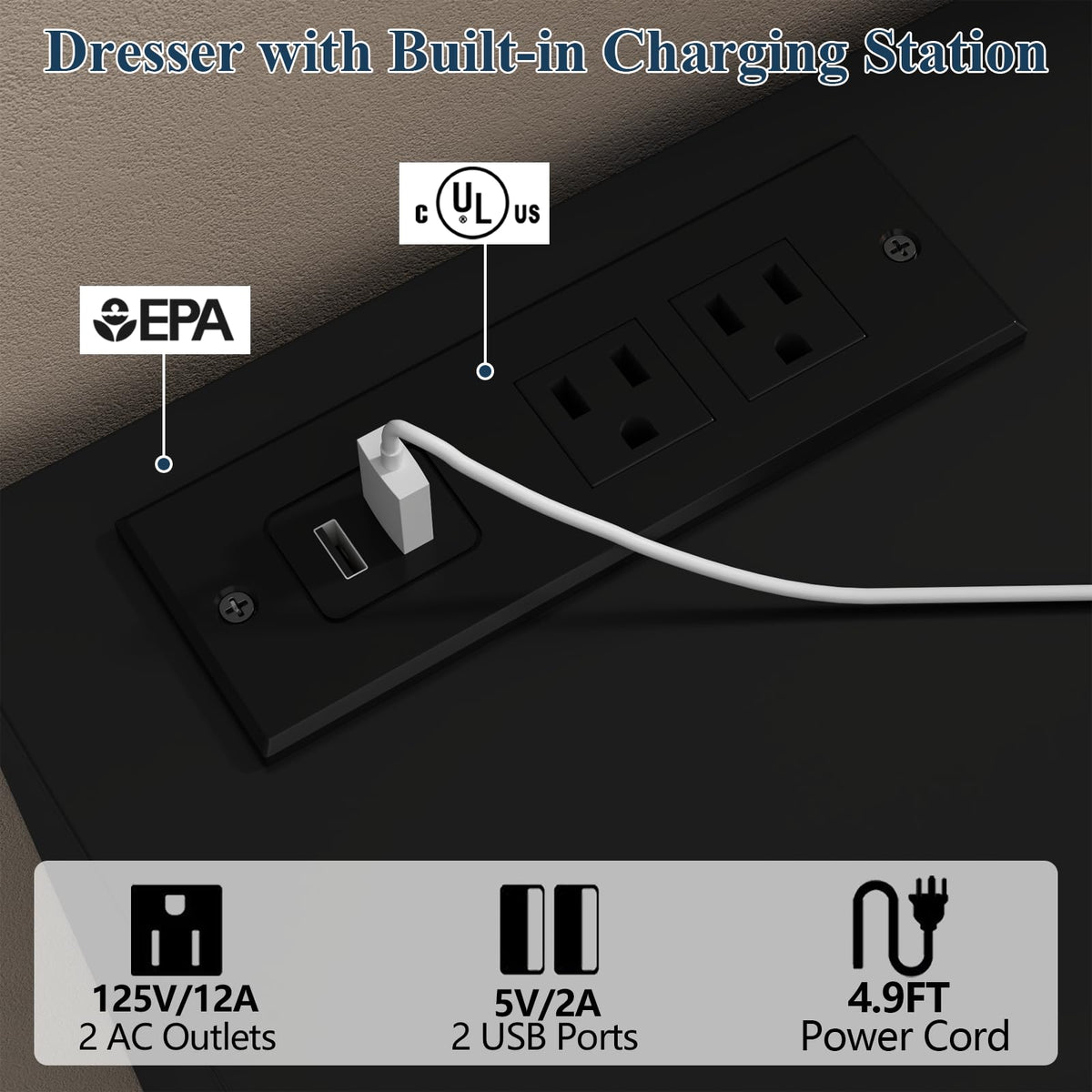 Black 12-Cell Divided Drawers Dresser with Charging Station K34416