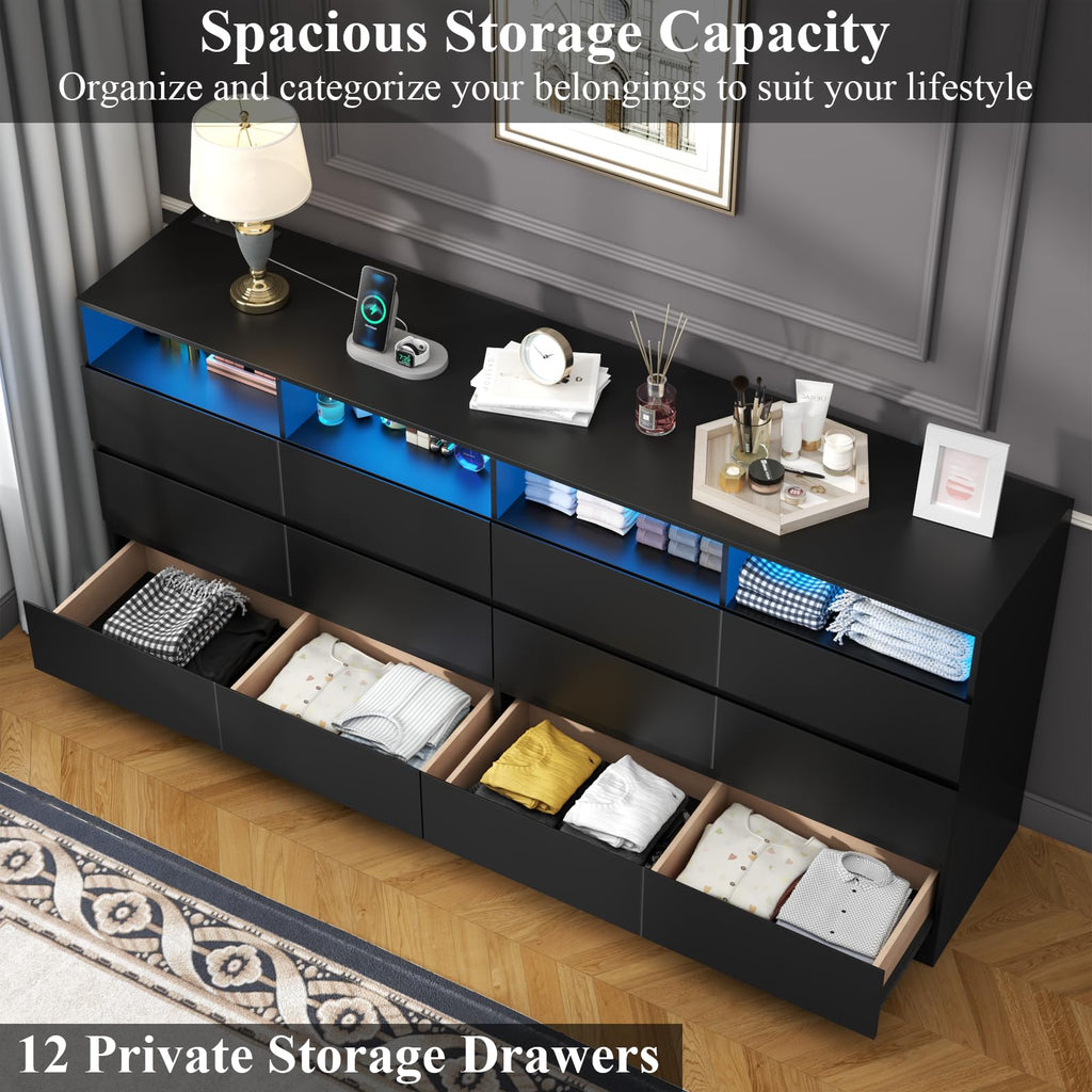 Black 12-Cell Divided Drawers Dresser with Charging Station K34416