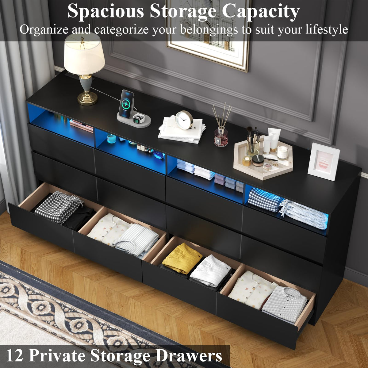 Black 12-Cell Divided Drawers Dresser with Charging Station K34416