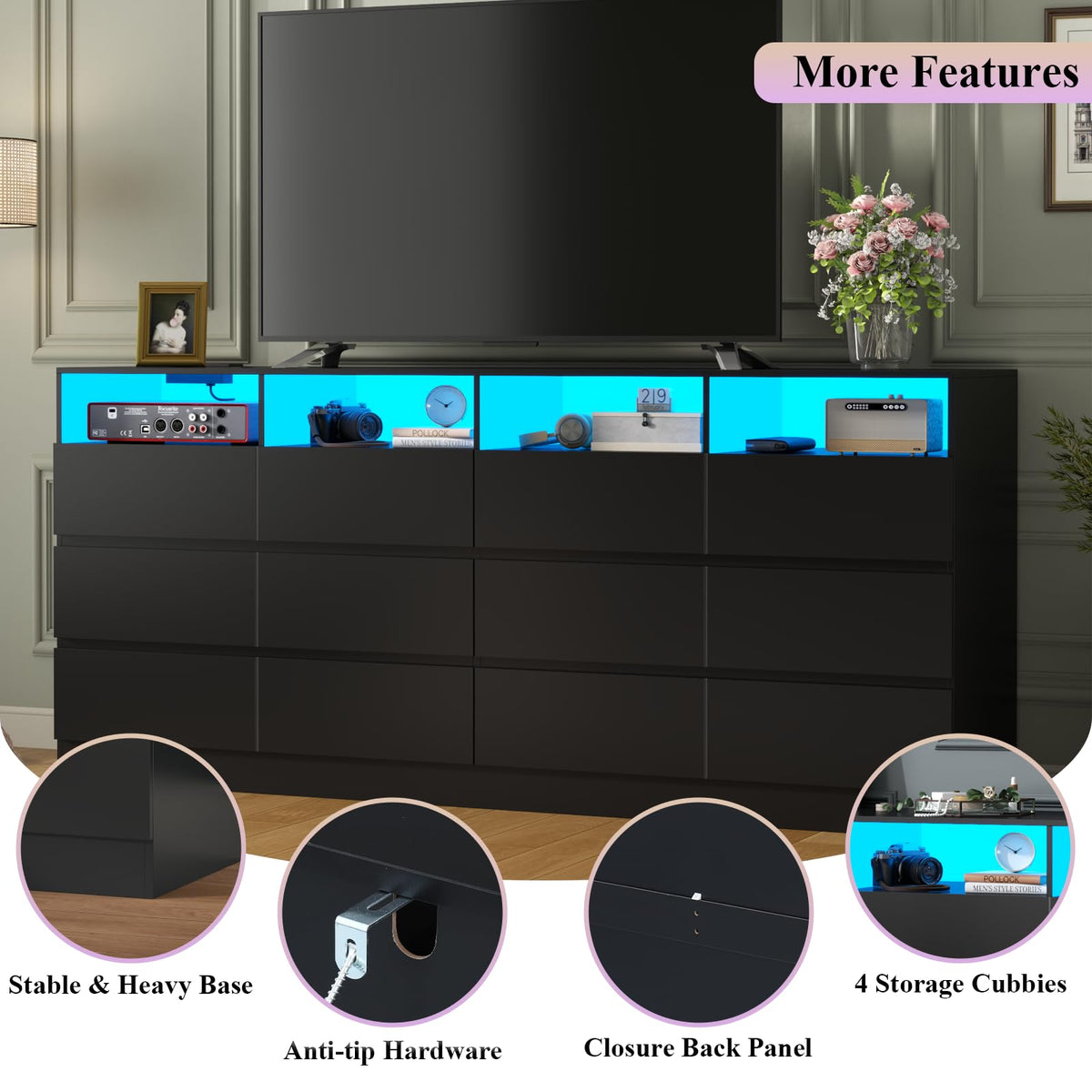 Black 12-Cell Divided Drawers Dresser with Charging Station K34416