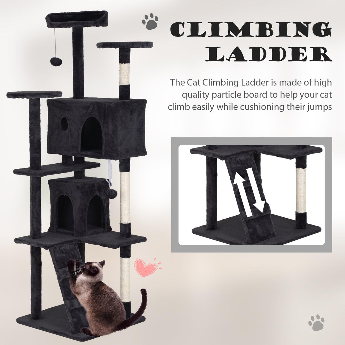 70" Dark Grey Cat Tree Tower with Scratching Post and Bed V67228