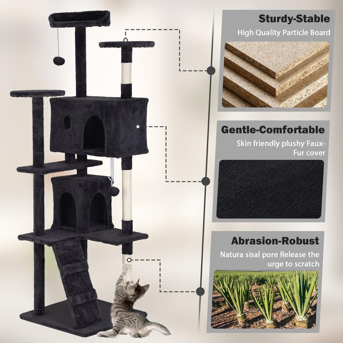 70" Dark Grey Cat Tree Tower with Scratching Post and Bed V67228