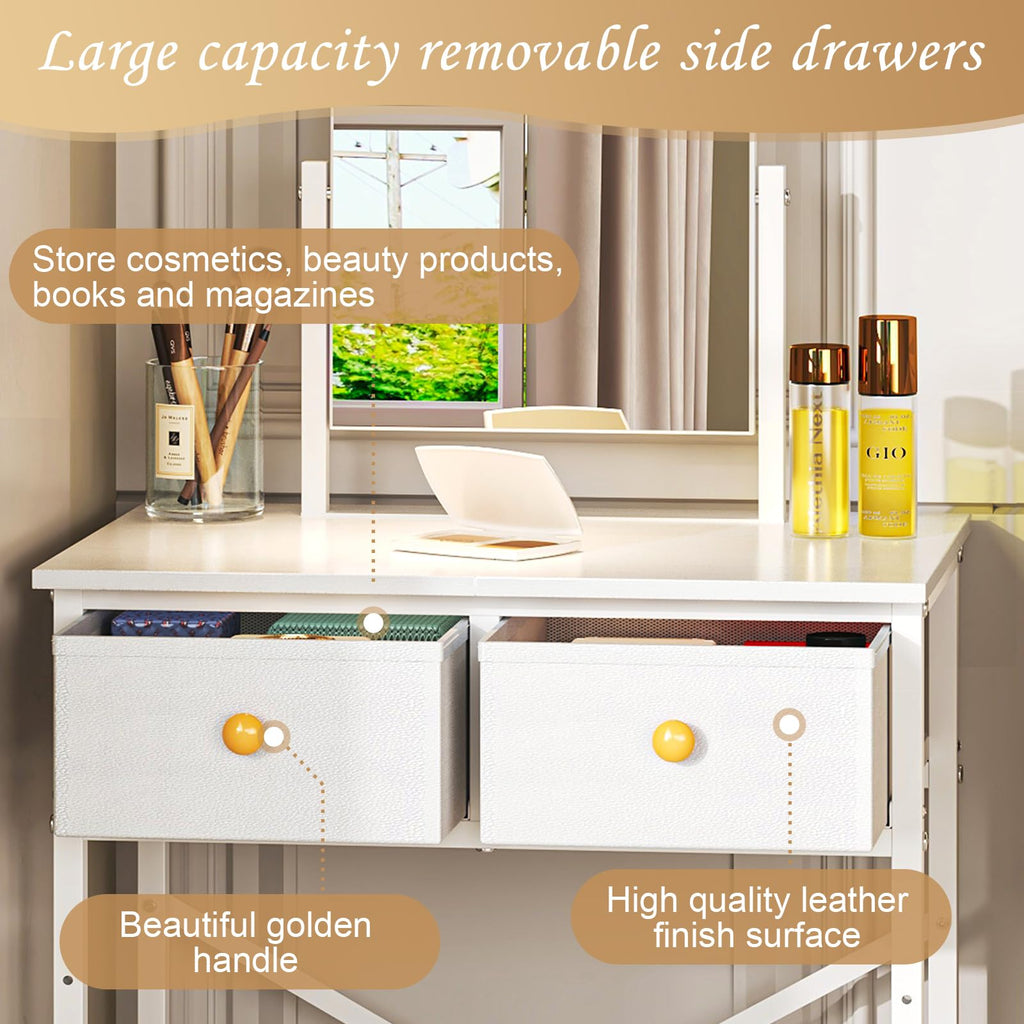 White Compact Vanity Desk with Mirror and Chair M367
