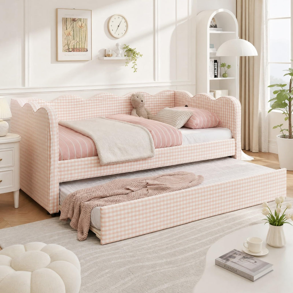 Pink Twin Size Linen Upholstered Daybed with Trundle S562717