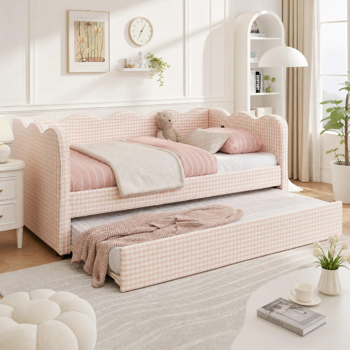 Pink Twin Size Linen Upholstered Daybed with Trundle S562717