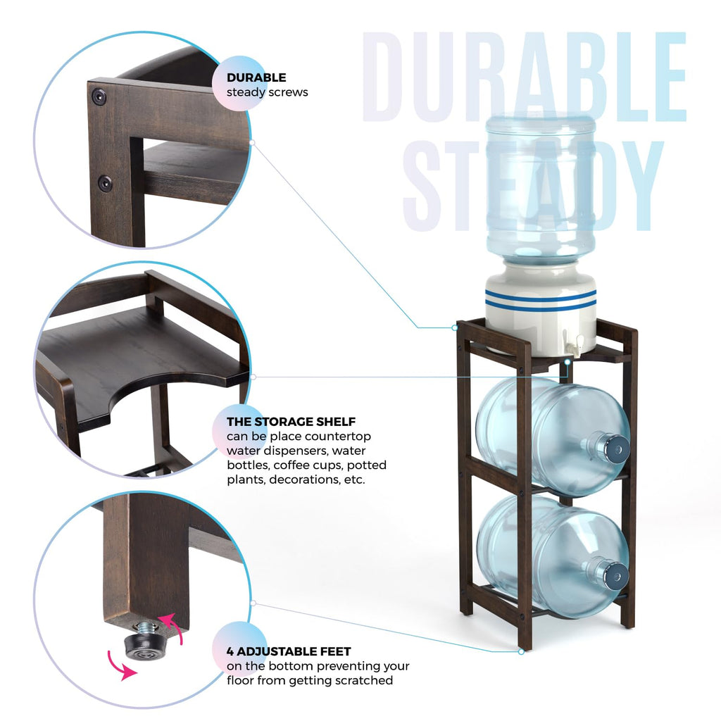 5 Gallon Water Jug Holder with Top Shelves, 3-Tiers Solid Wood Water Dispenser Stand G6844