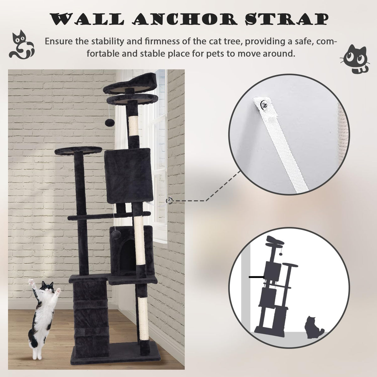 70" Dark Grey Cat Tree Tower with Scratching Post and Bed V67228