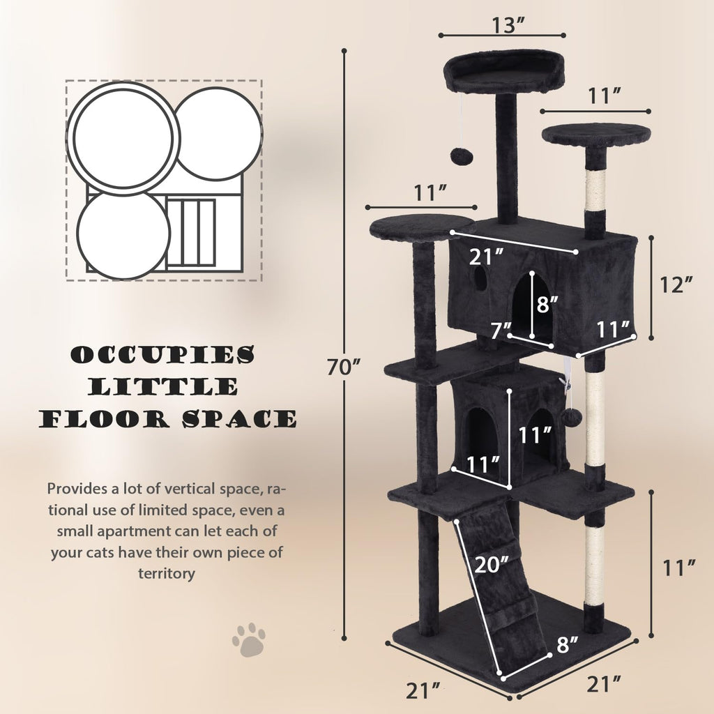70" Dark Grey Cat Tree Tower with Scratching Post and Bed V67228
