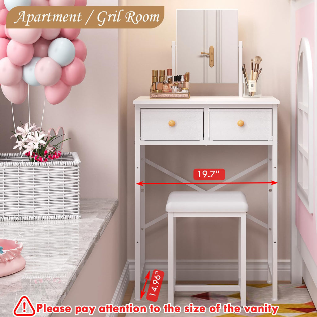 White Compact Vanity Desk with Mirror and Chair M367