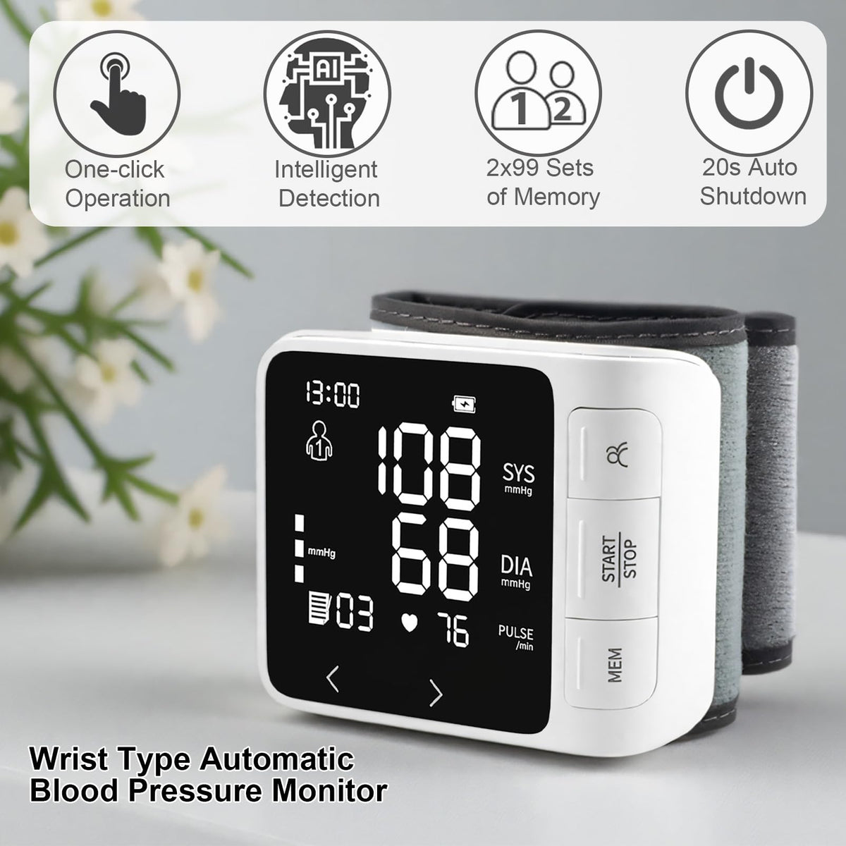Wrist Blood Pressure Monitor with 2 Users Memory LCD Display R909