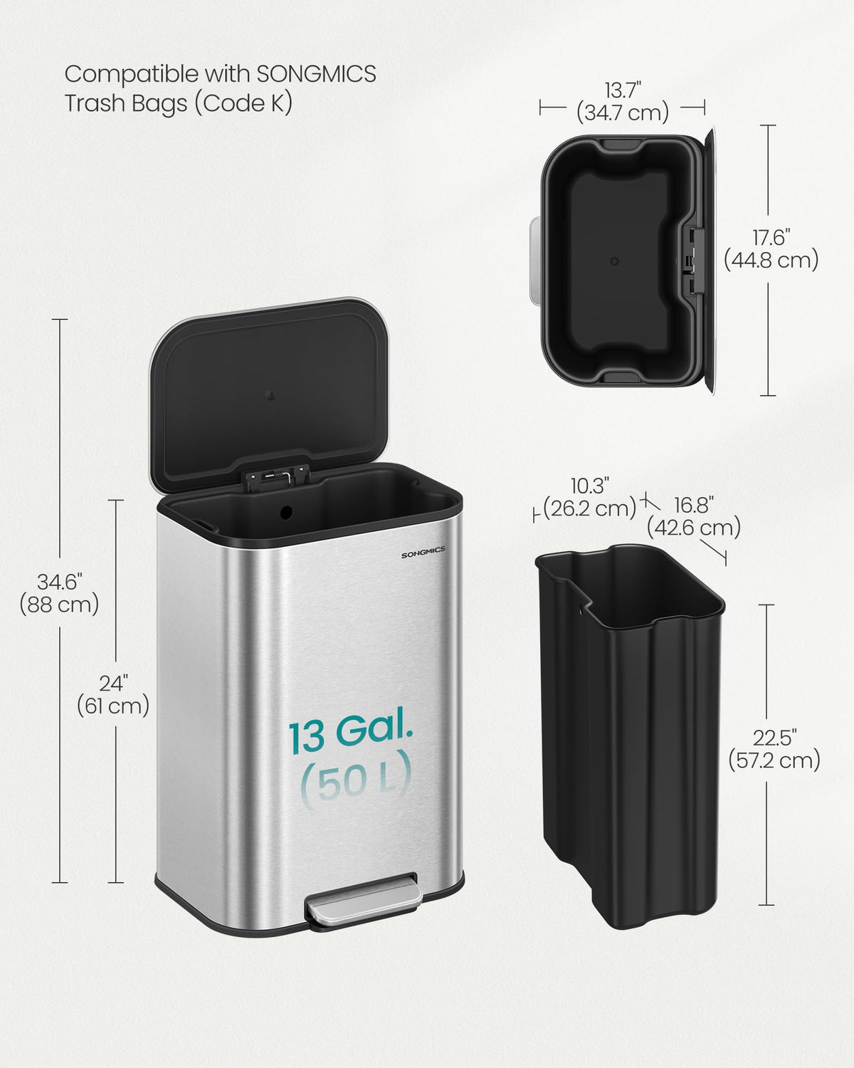 13 Gallon Stainless Steel Soft Close Trash Can L619