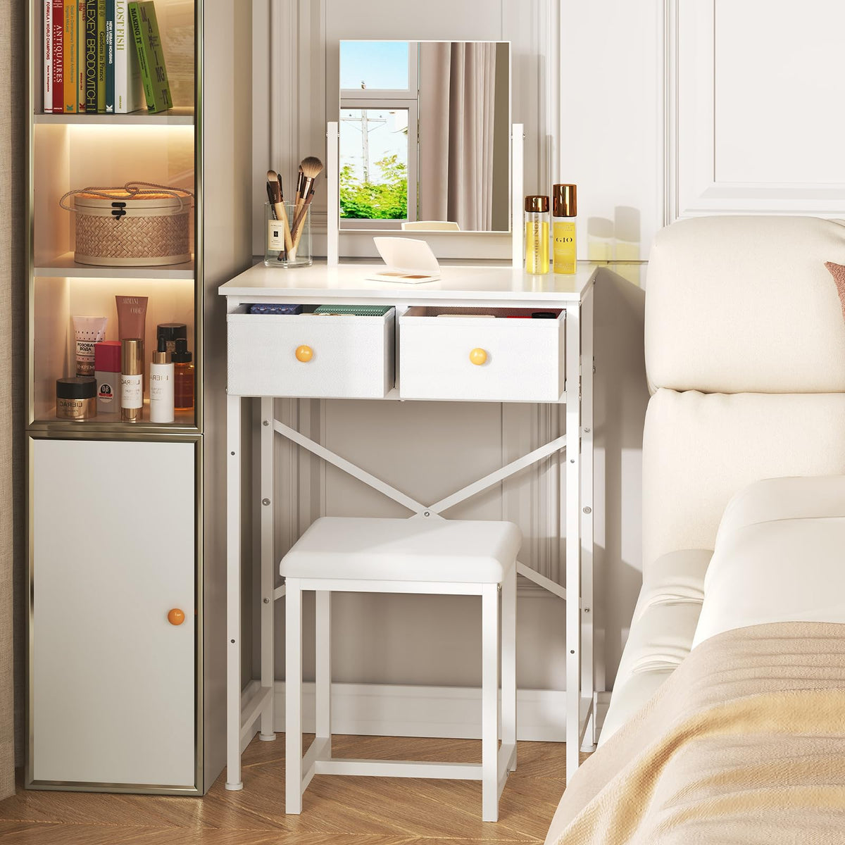 White Compact Vanity Desk with Mirror and Chair M367