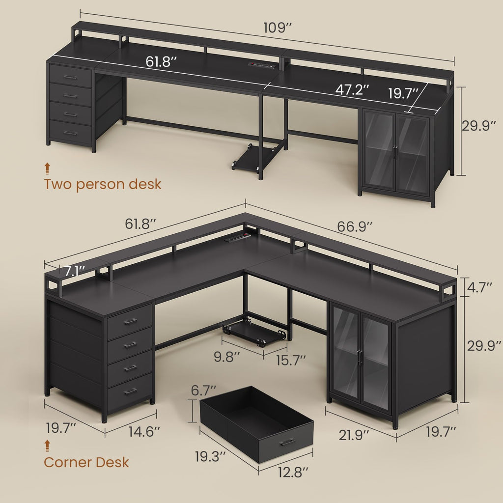 L Shaped Gaming Desk with 4 Drawers and Power Outlet, Black H1346