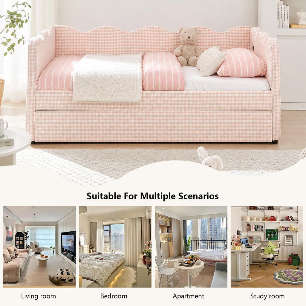 Pink Twin Size Linen Upholstered Daybed with Trundle S562717