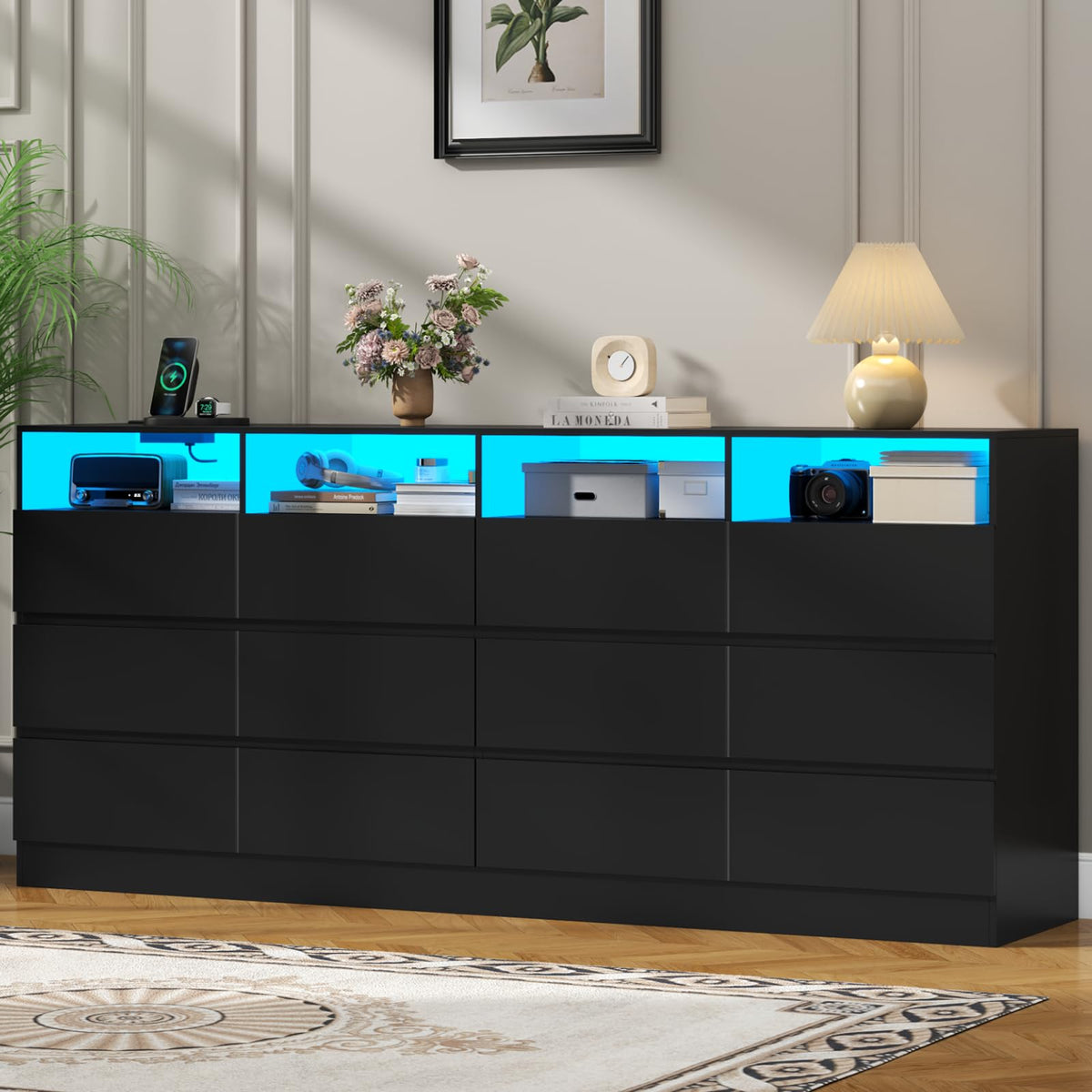 Black 12-Cell Divided Drawers Dresser with Charging Station K34416