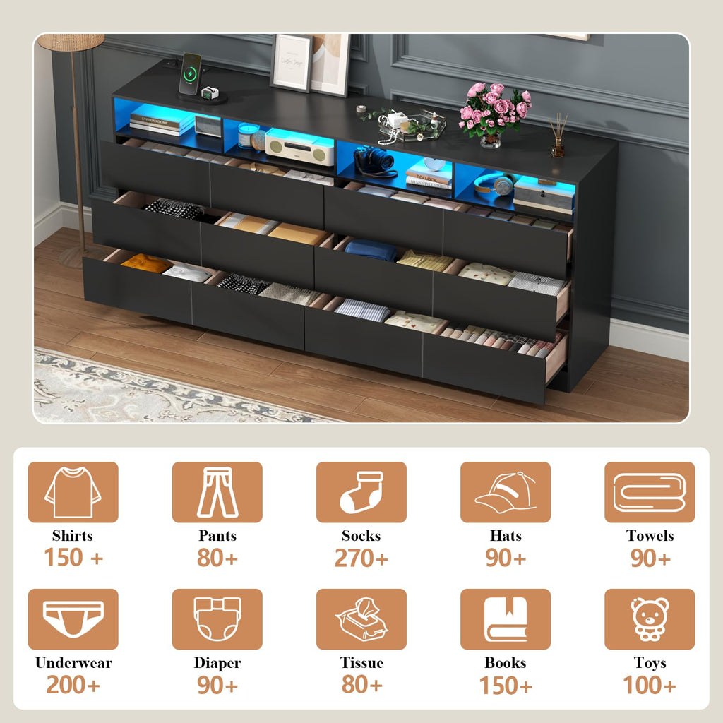 Black 12-Cell Divided Drawers Dresser with Charging Station K34416
