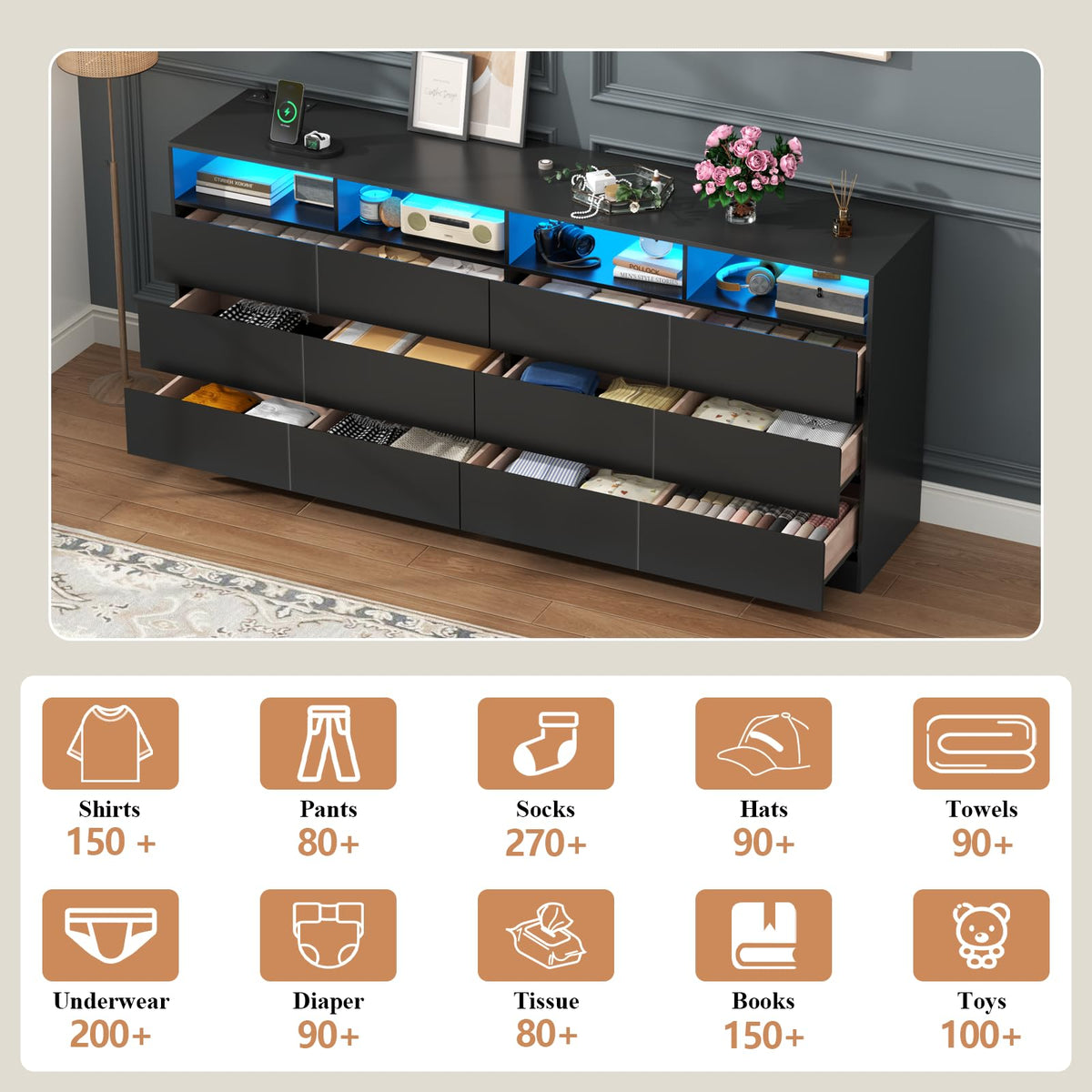 Black 12-Cell Divided Drawers Dresser with Charging Station K34416