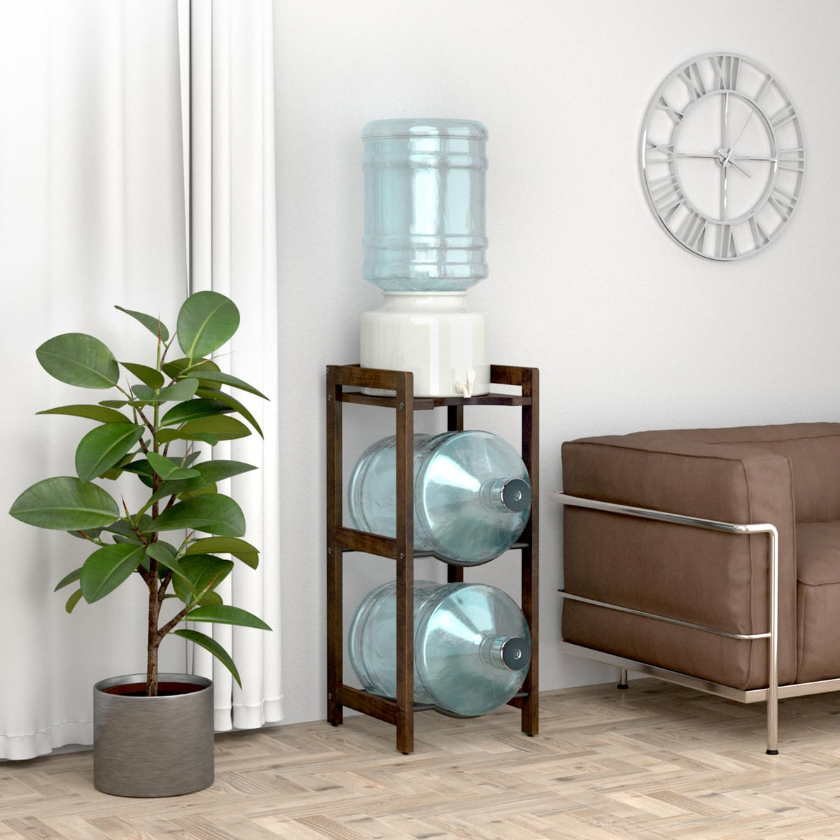5 Gallon Water Jug Holder with Top Shelves, 3-Tiers Solid Wood Water Dispenser Stand G6844