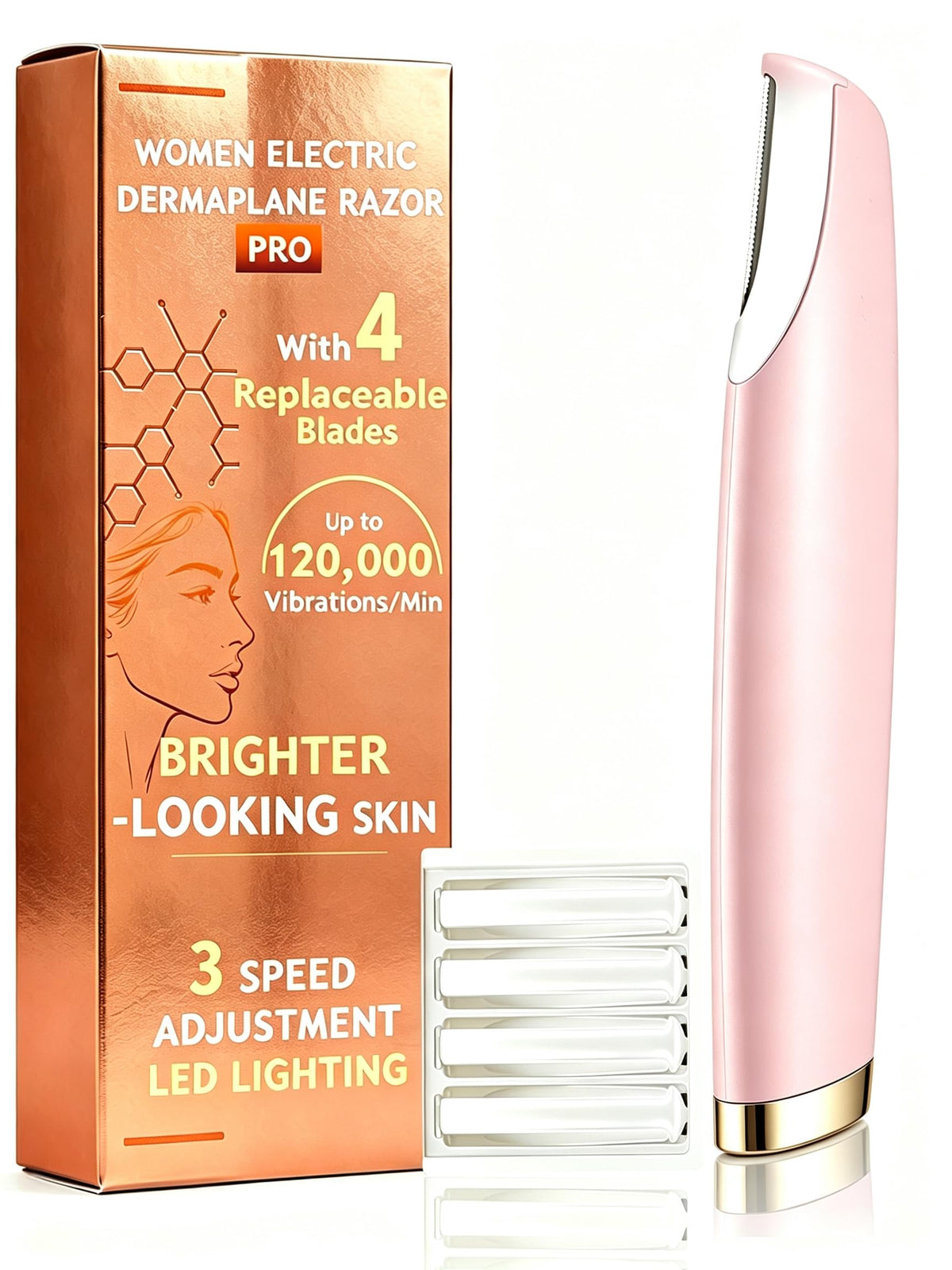 Pink Dermaplane Razor with LED Light and 4 Replacement Blades F74803