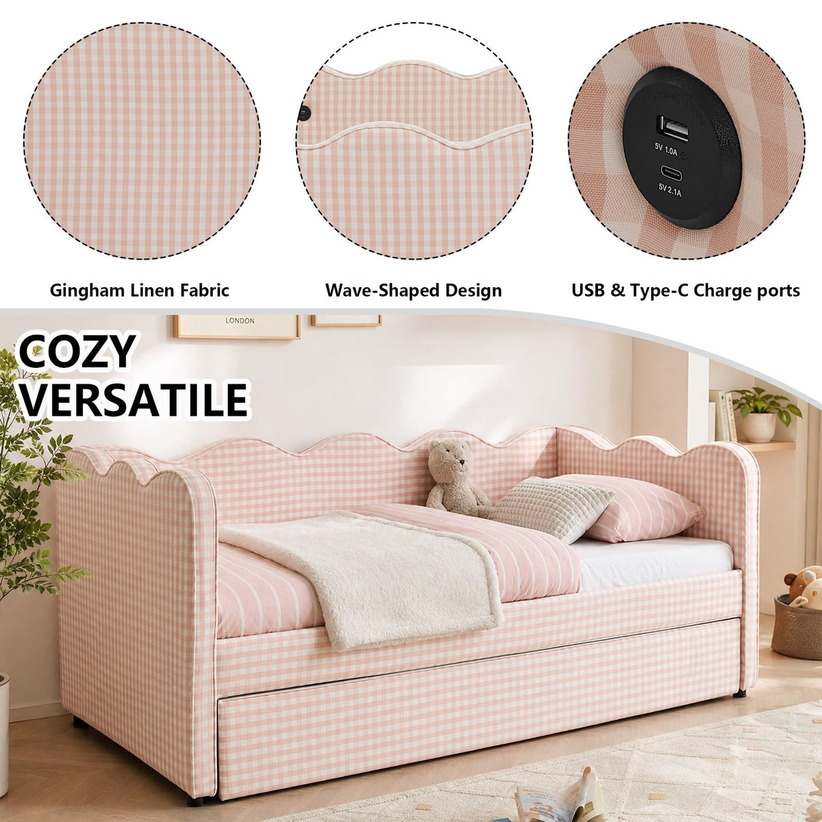 Pink Twin Size Linen Upholstered Daybed with Trundle S562717